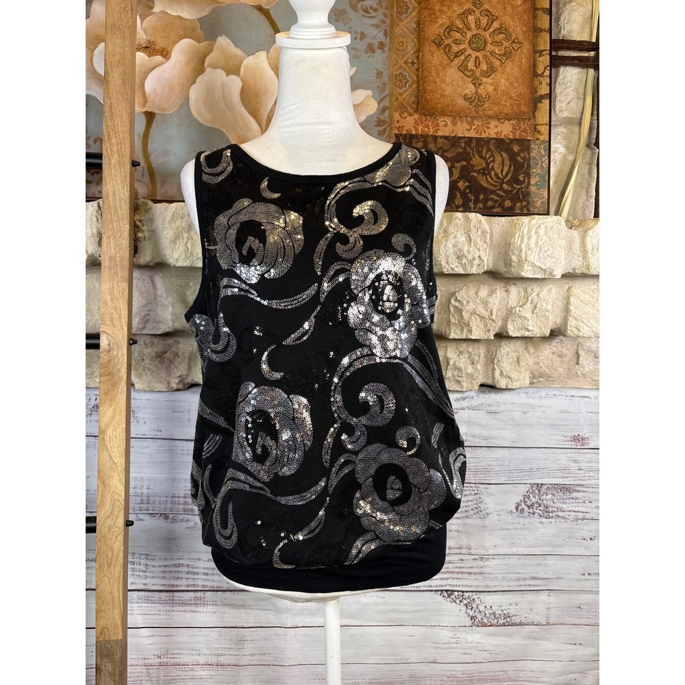 Karen Kane Womens Black Silver Sequin Floral Tank Top Banded Hem Size L